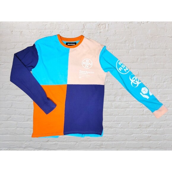Reason Brand Color Block Long Sleeve T Shirt Men MED Colorblock Logo Streetwear - Picture 1 of 4